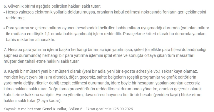Melbet kuralları: 1,1 oran şartı, para hilesi ve çoklu hesap maddeleri ekran görüntüsü